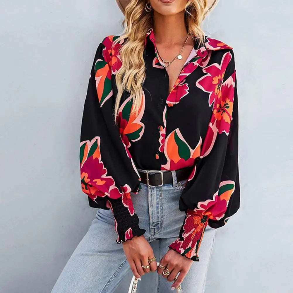 Lauryn - Elegante blusa polo de manga larga con estampado de farolillos