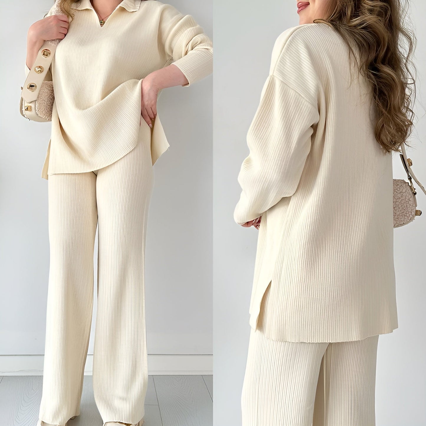 Julianna - Elegante conjunto de blusa de manga larga con cuello en V y pantalón