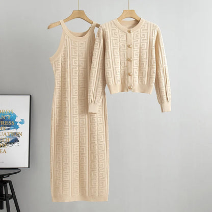 Zianna - Elegante conjunto de vestido y chaqueta de punto geométrico
