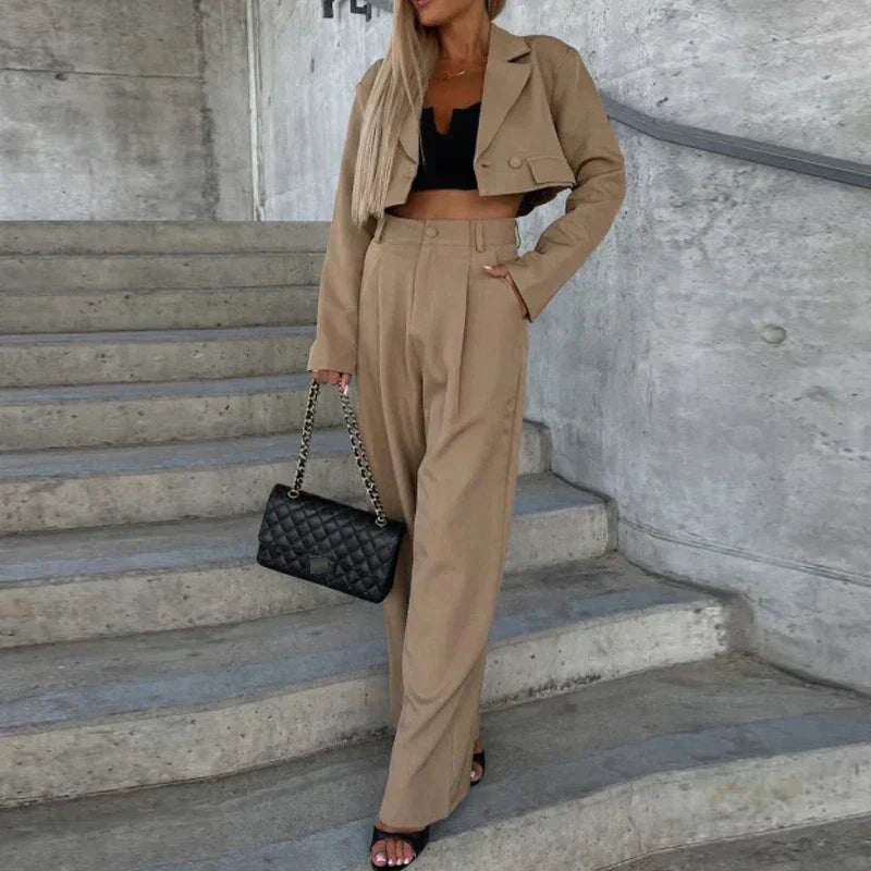 Penelope - Elegante conjunto de blazer de manga larga y pantalón de cintura alta