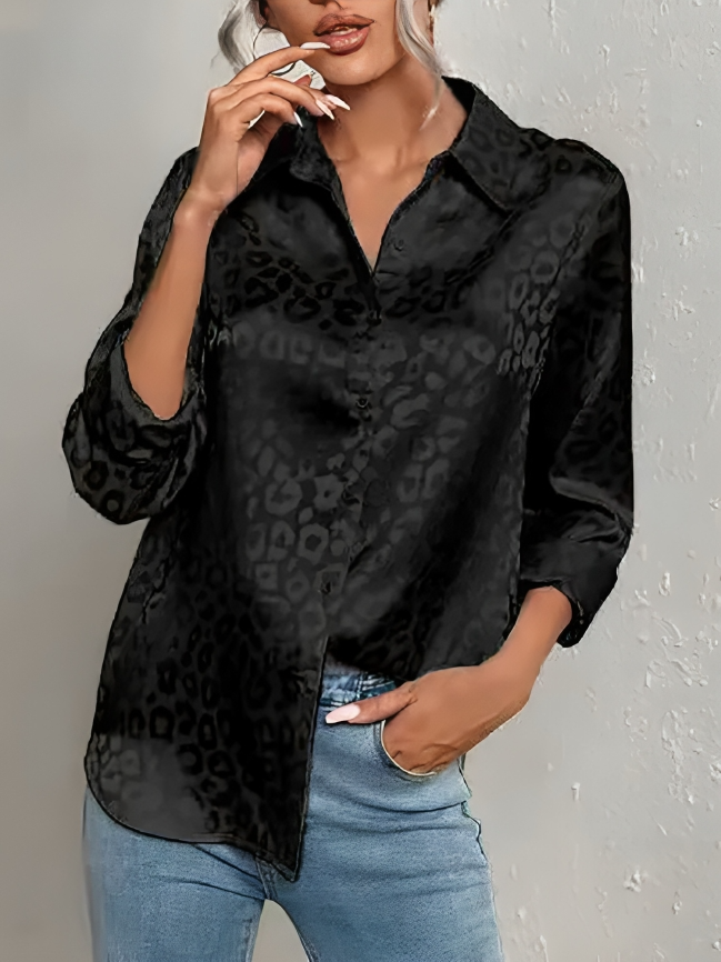 Quinasha - Elegante blusa polo de manga larga con estampado de leopardo