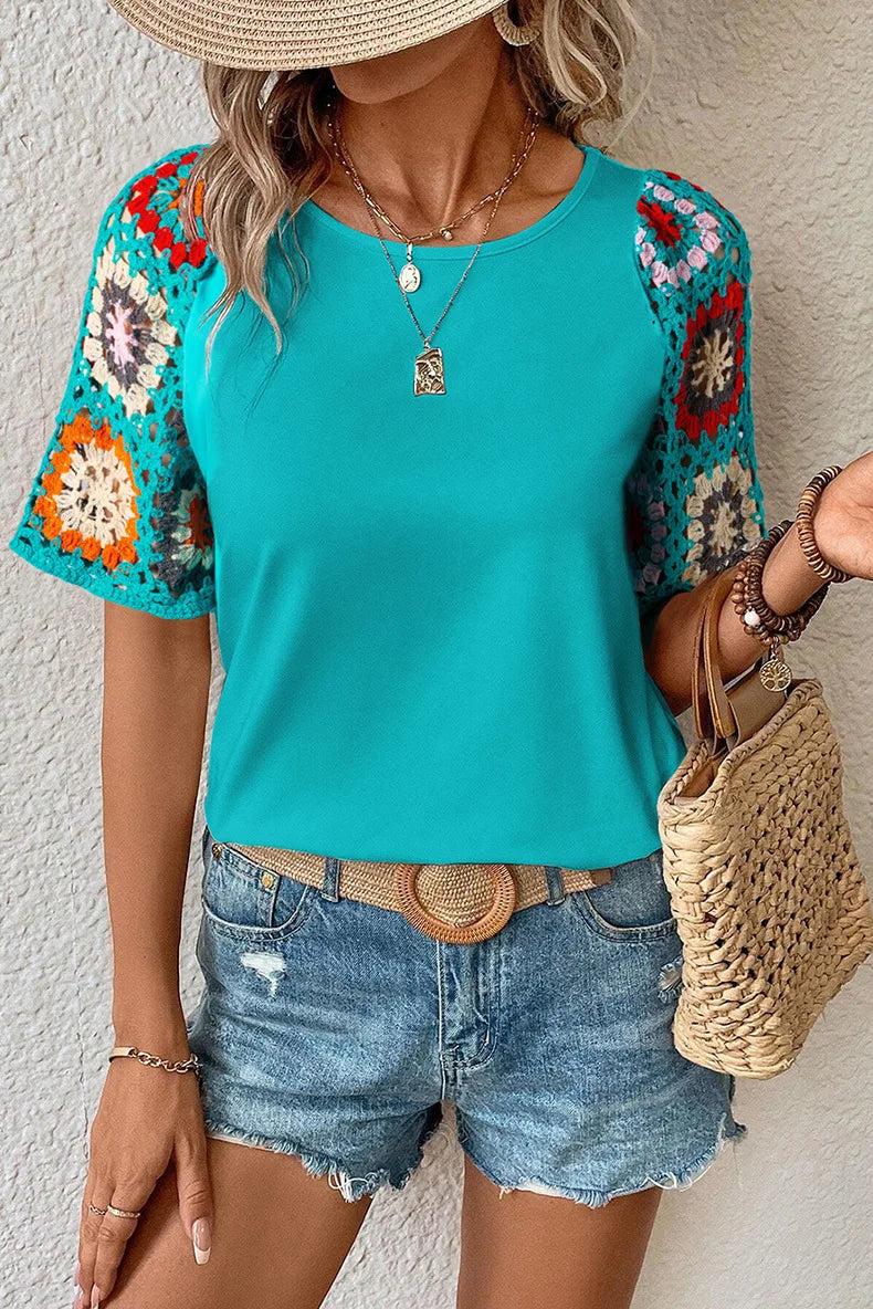 Velinda - Camiseta de estilo casual con mangas de ganchillo