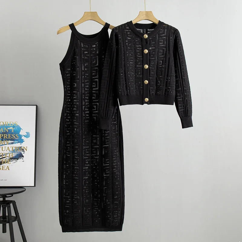 Zianna - Elegante conjunto de vestido y chaqueta de punto geométrico