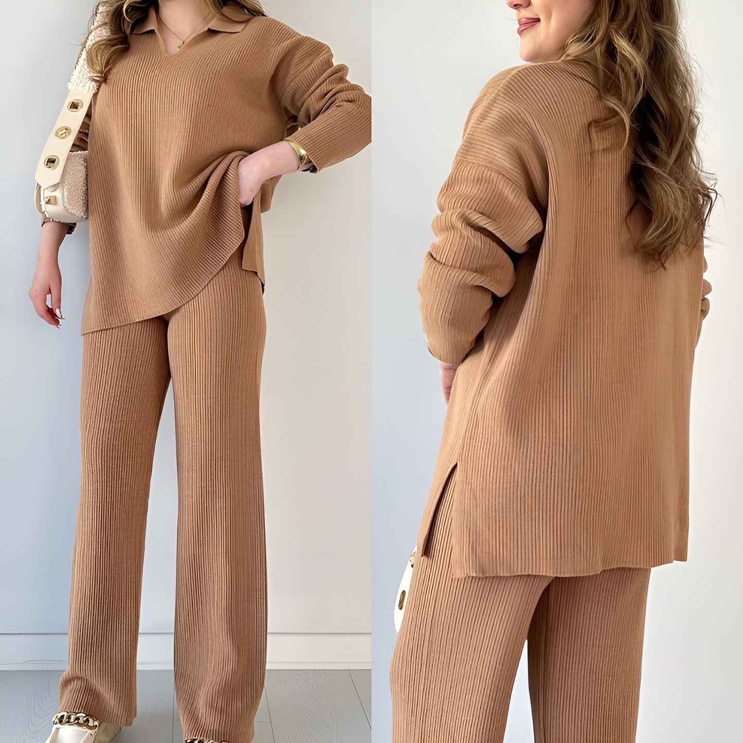 Julianna - Elegante conjunto de blusa de manga larga con cuello en V y pantalón