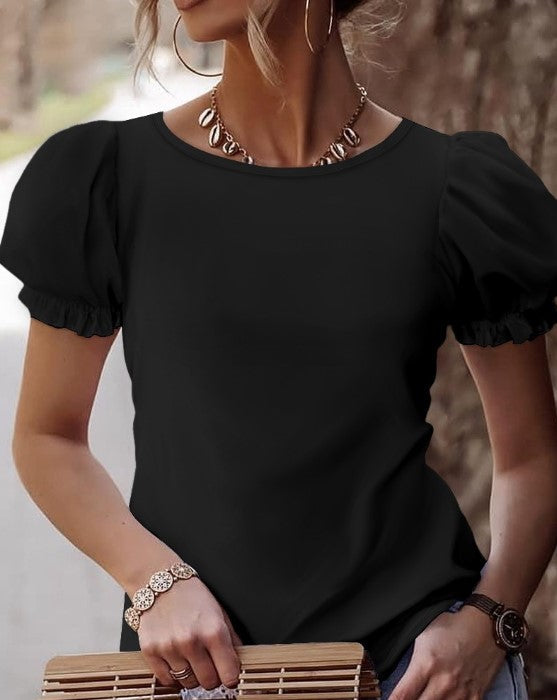 Adelia - Elegante camiseta de manga abullonada con encaje en la espalda