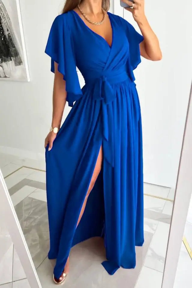 Eliza - Elegante maxi vestido con escote en pico profundo y línea A