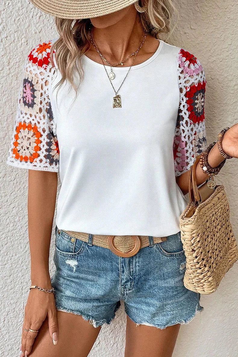 Velinda - Camiseta de estilo casual con mangas de ganchillo