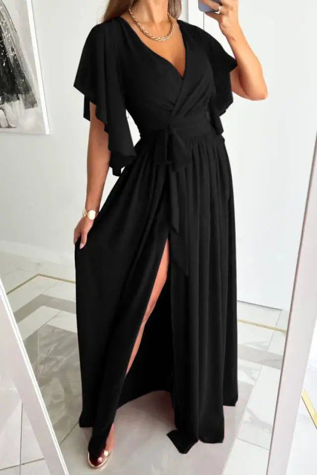 Eliza - Elegante maxi vestido con escote en pico profundo y línea A