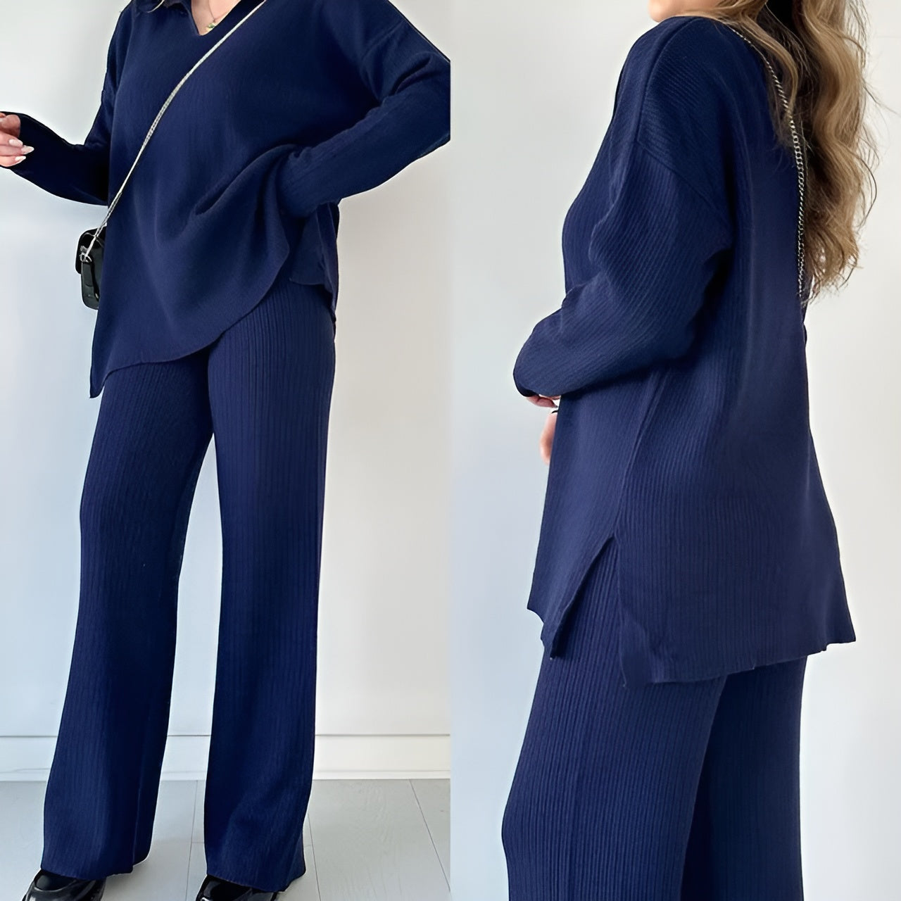 Julianna - Elegante conjunto de blusa de manga larga con cuello en V y pantalón