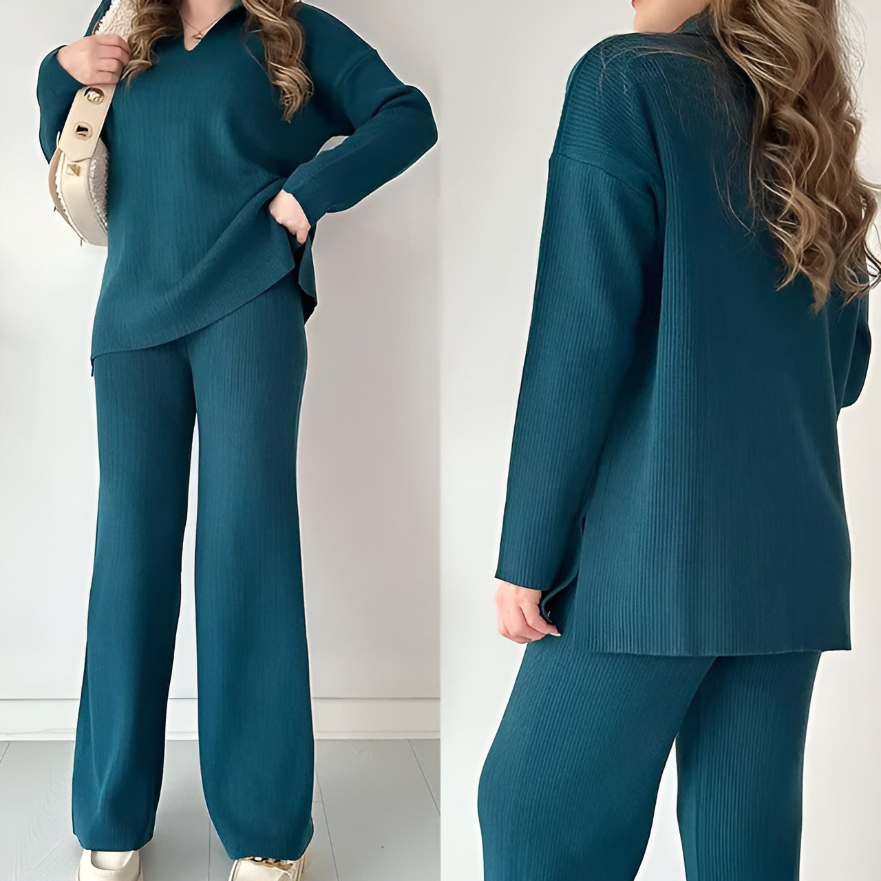 Julianna - Elegante conjunto de blusa de manga larga con cuello en V y pantalón
