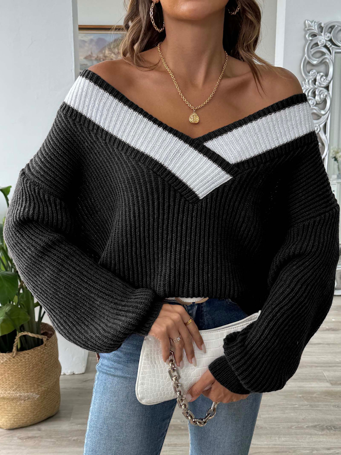Pearlene - Elegante jersey holgado de manga larga con contraste