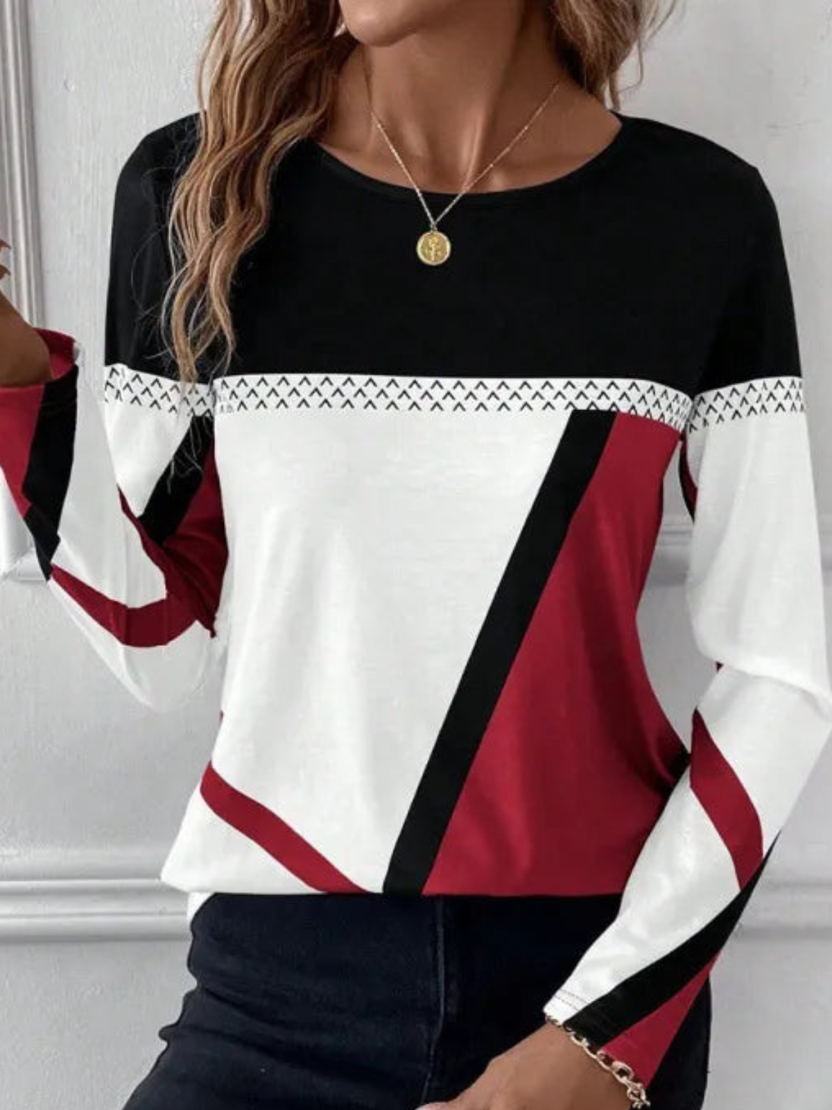 Cathryn - Elegante blusa de manga larga en bloques de color