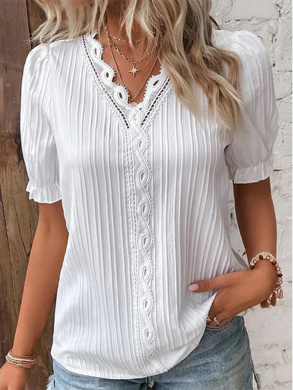 Rosemarie - Elegante blusa de manga corta con cuello de pico