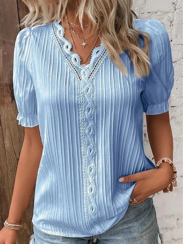 Rosemarie - Elegante blusa de manga corta con cuello de pico