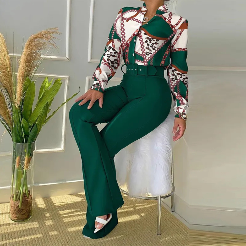 Lennea - Elegante conjunto de polo estampado de manga larga y pantalón