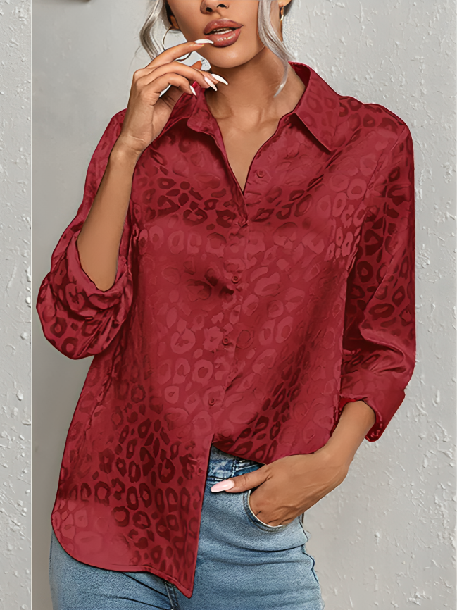 Quinasha - Elegante blusa polo de manga larga con estampado de leopardo
