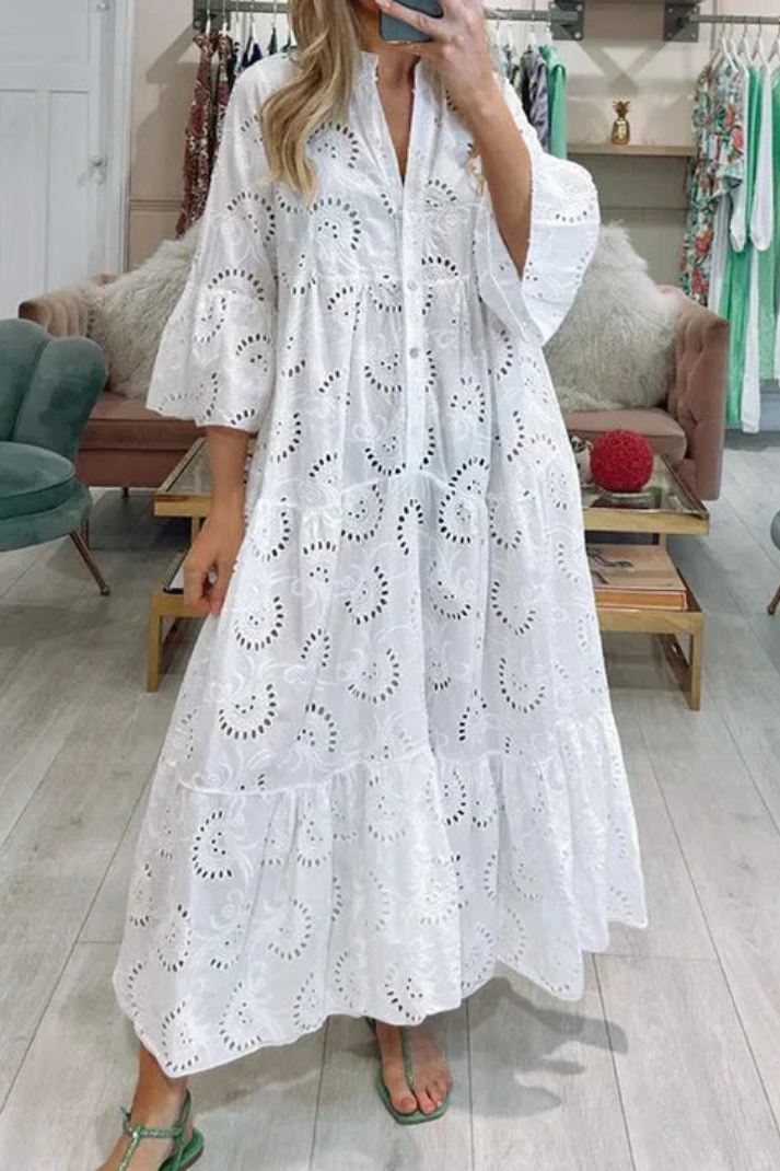Mirasol - Elegante maxi vestido vintage bordado de manga acampanada