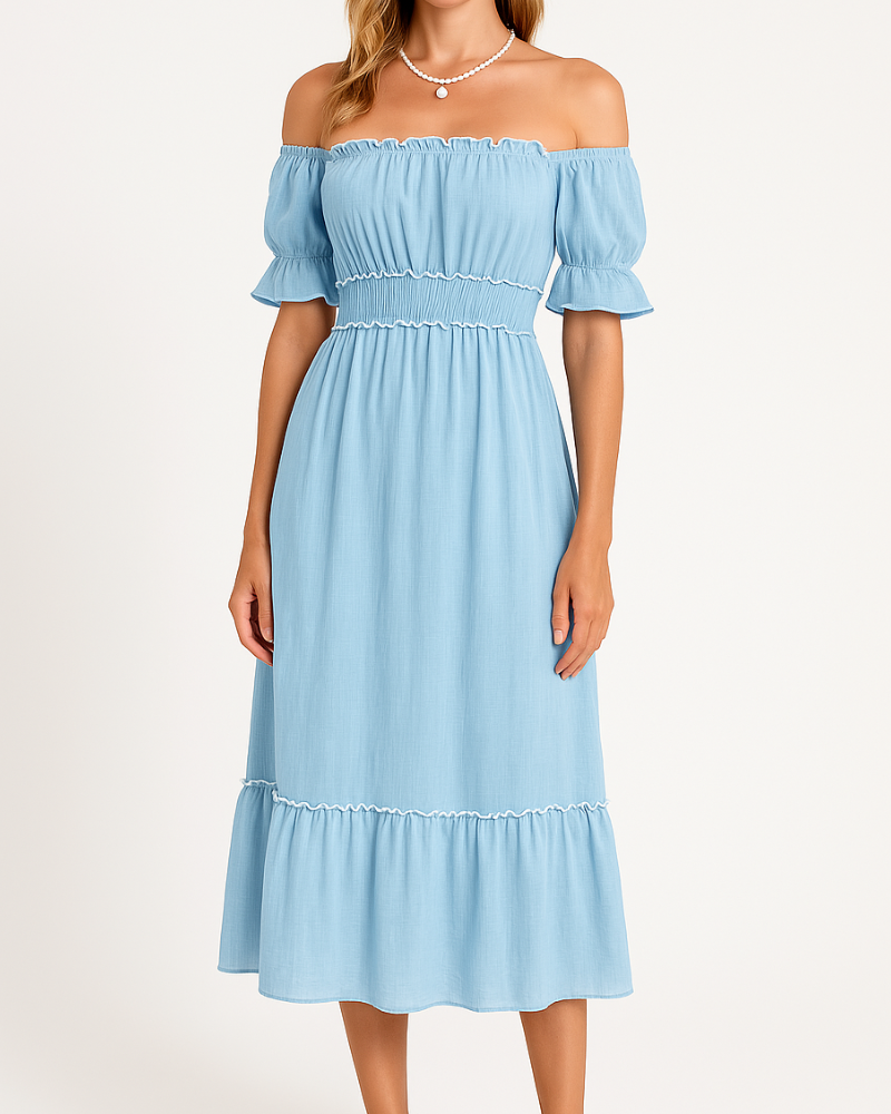Nina - Elegante vestido midi sin hombros