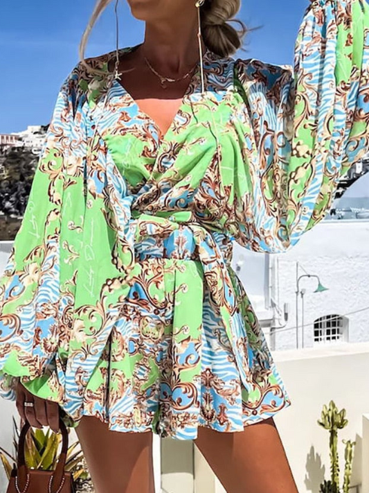 Merryn - Elegante top estampado de manga larga con cuello de pico y conjunto corto de verano