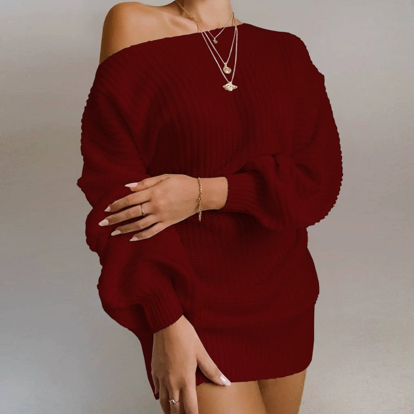 Yalena - Elegante vestido jersey de punto cálido con hombros descubiertos