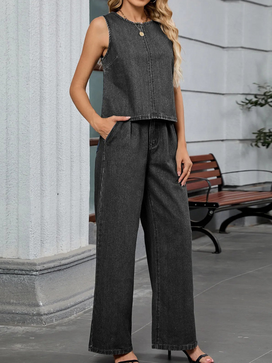 Chantel - Conjunto de vaqueros con camiseta sin mangas de cuello redondo y pantalones de denim