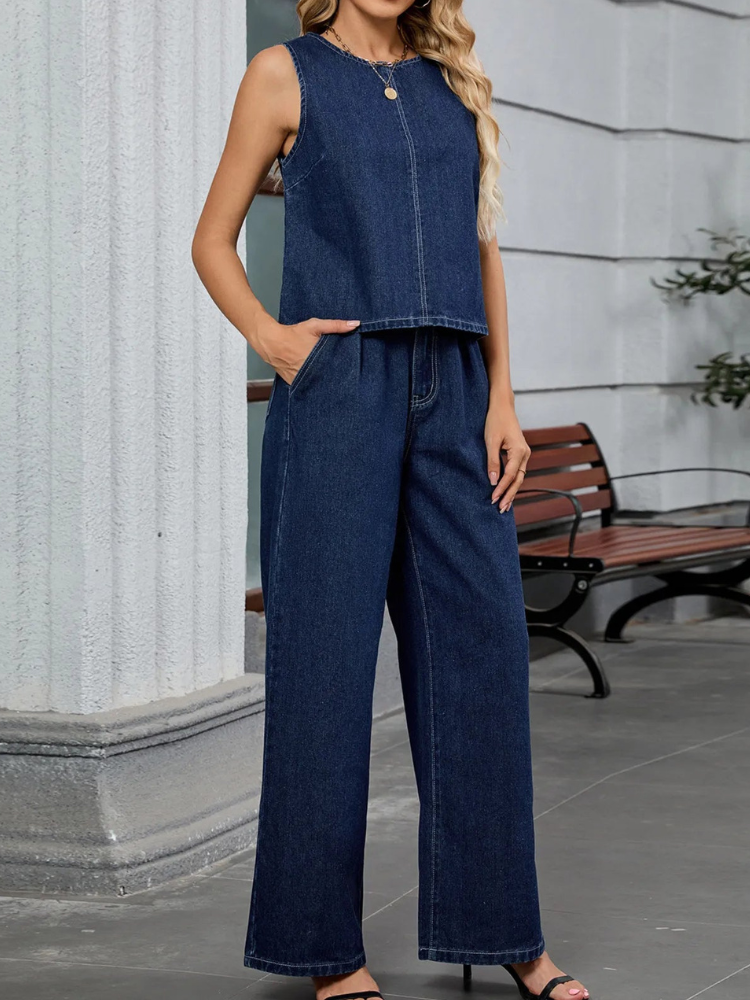 Chantel - Conjunto de vaqueros con camiseta sin mangas de cuello redondo y pantalones de denim