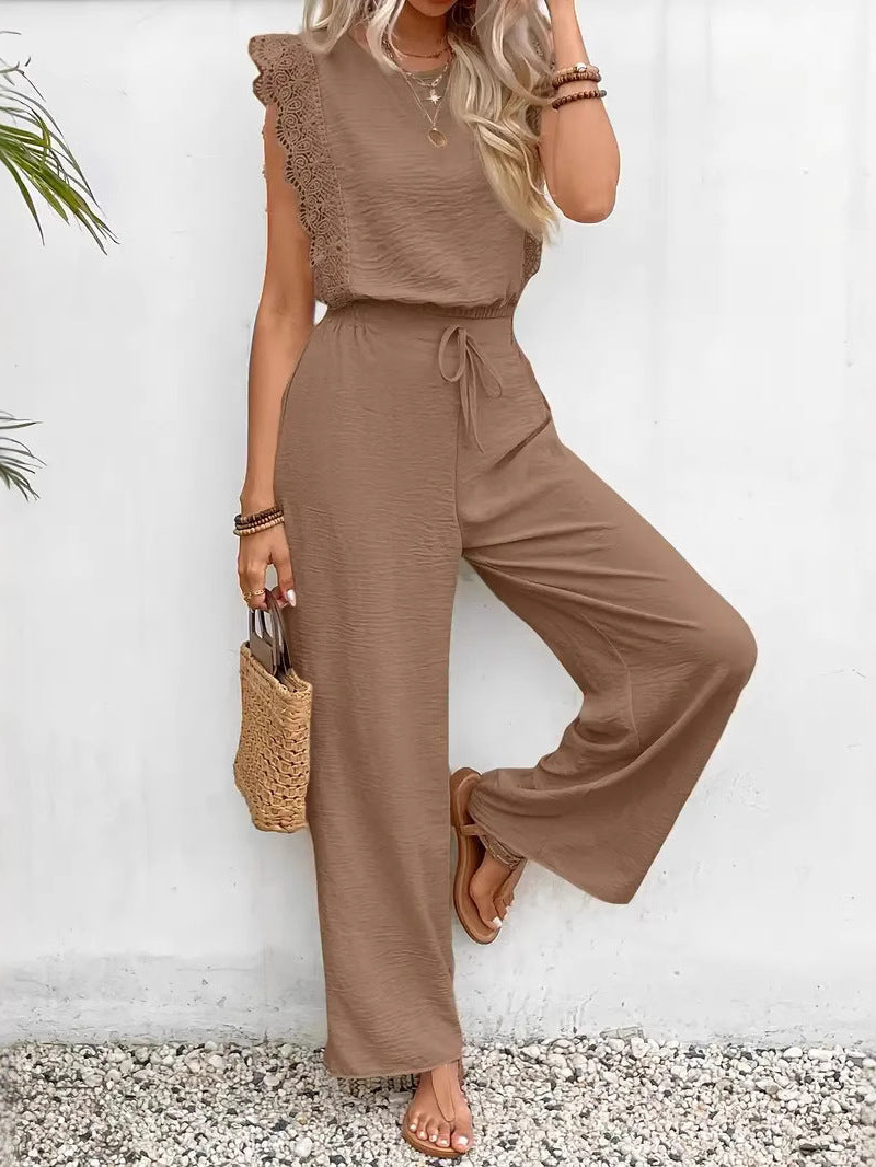 Cecile - Elegante conjunto de top sin mangas con ribete de encaje y pantalón ancho con cordón