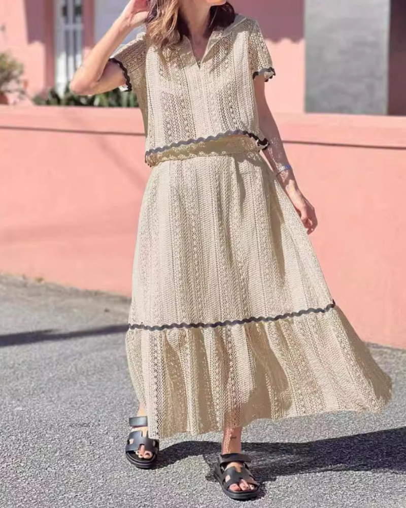 Ellaine - Elegante conjunto de falda y top de manga corta con encaje holgado