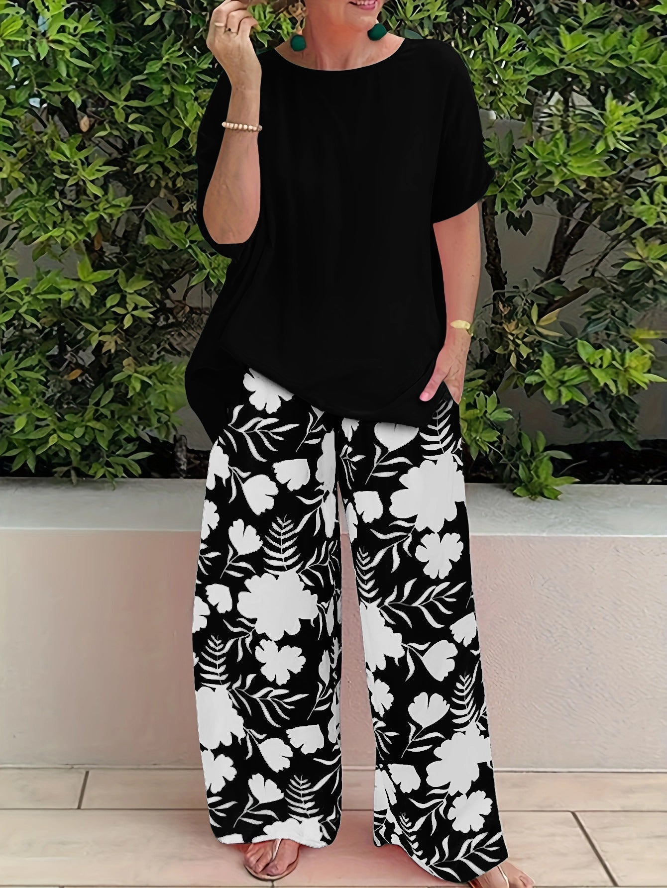 Jennifer - Conjunto casual de blusa suelta y pantalón floral