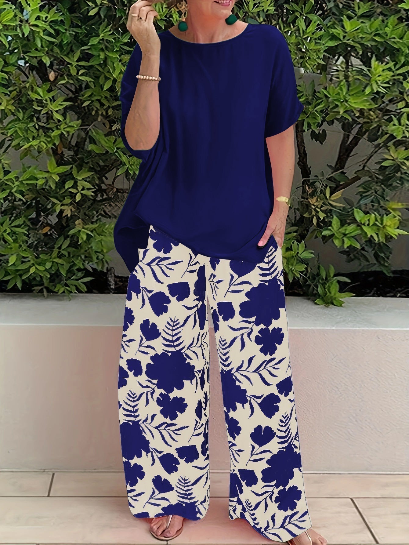Jennifer - Conjunto casual de blusa suelta y pantalón floral
