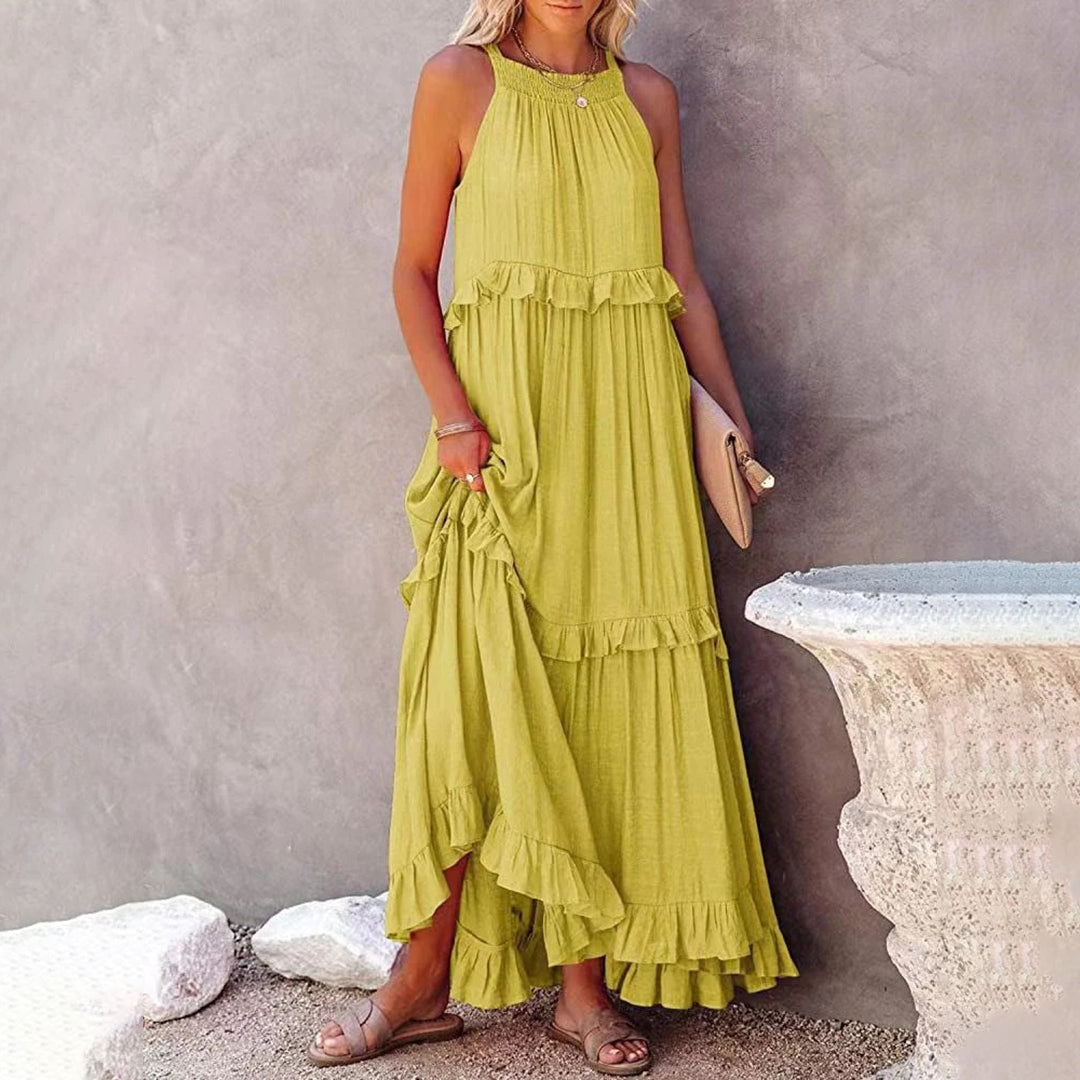 Alaina - Elegante maxi vestido sin mangas con volantes