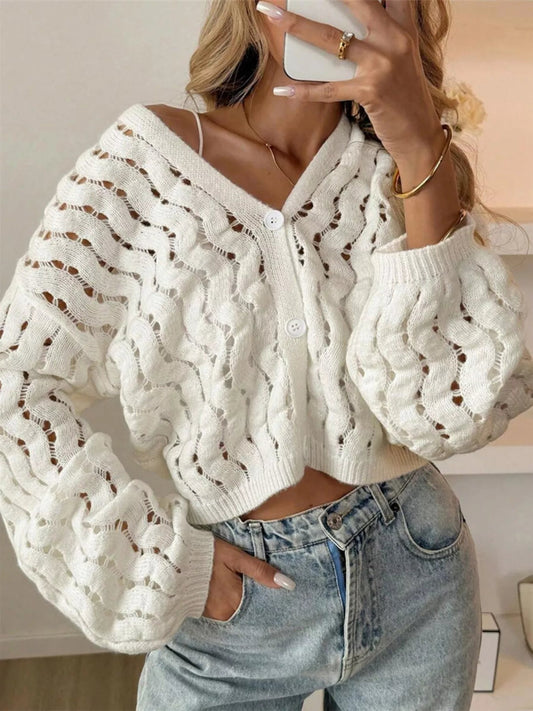 Eleinne - Elegante cárdigan informal con cuello en V, botones y aberturas