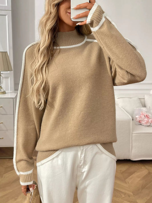 Adanna - Elegante jersey de manga larga con cuello alto y ribete en contraste