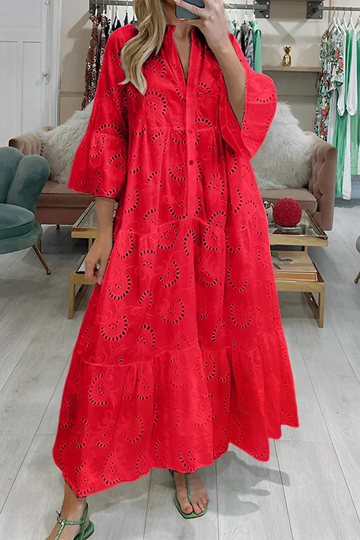 Mirasol - Elegante maxi vestido vintage bordado de manga acampanada