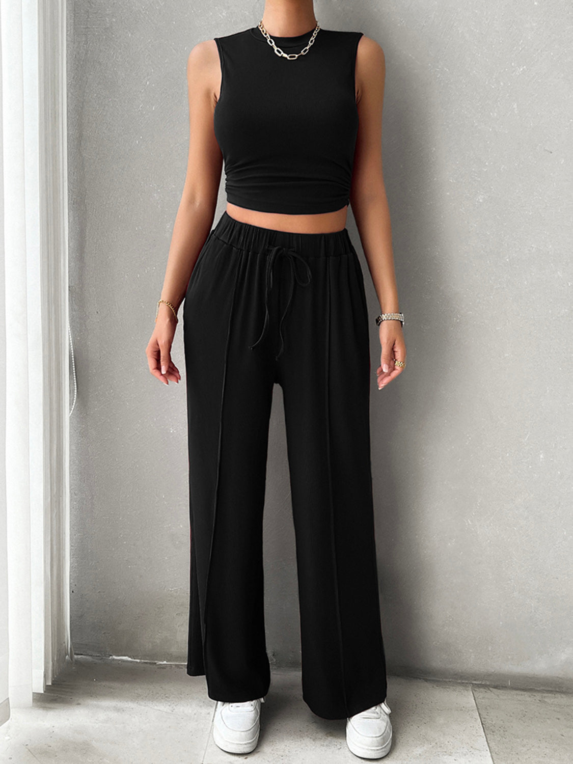 Jelai - Conjunto casual de camiseta sin mangas y pantalón con cordón de ajuste