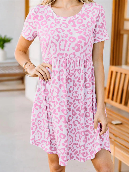 Theresa - Minivestido casual de manga corta con estampado de leopardo