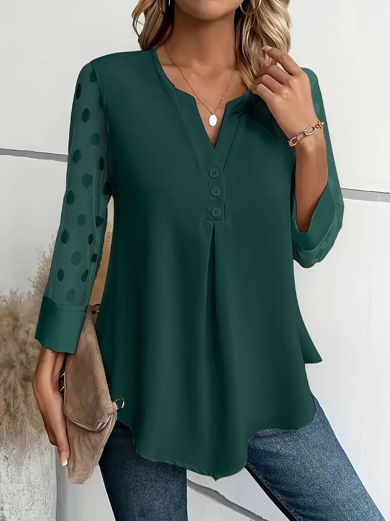Aireen - Elegante blusa con cuello de pico y mangas de lunares