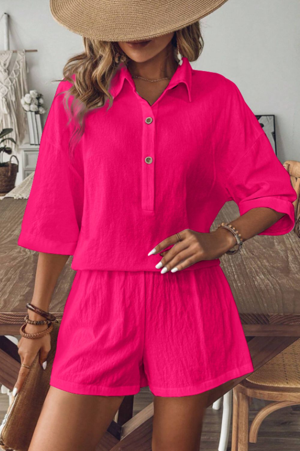 Jennie - Elegante conjunto de blusa polo de manga media y pantalones cortos