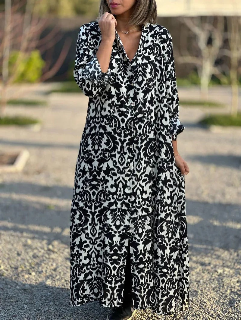 Jamella - Elegante maxivestido de manga larga con estampado étnico