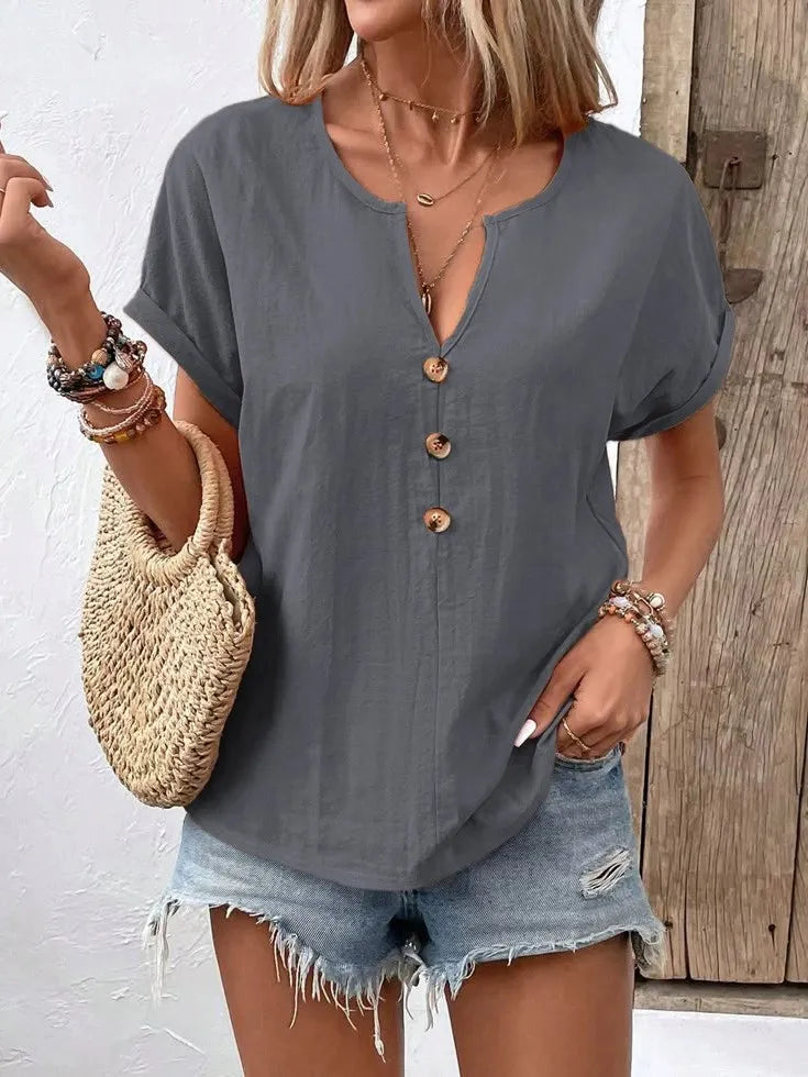 Vexana - Blusa casual de manga corta con cuello de muesca y botones