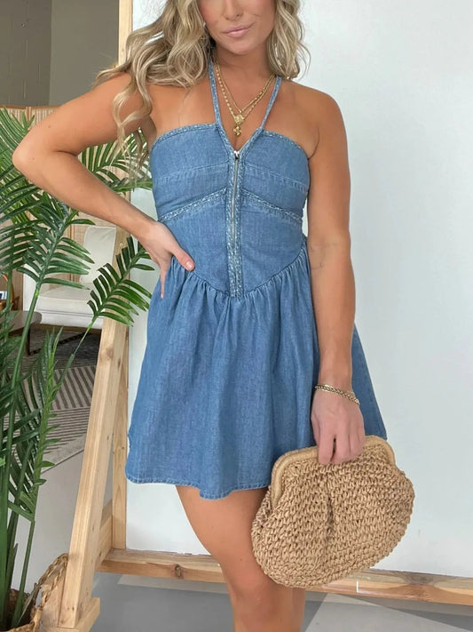 Rowena - Vestido vaquero informal de encaje y cuello halter