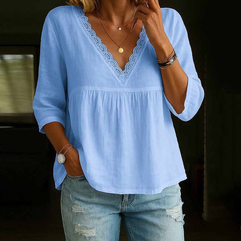 Angel - Elegante blusa de encaje con cuello en V y manga 3/4