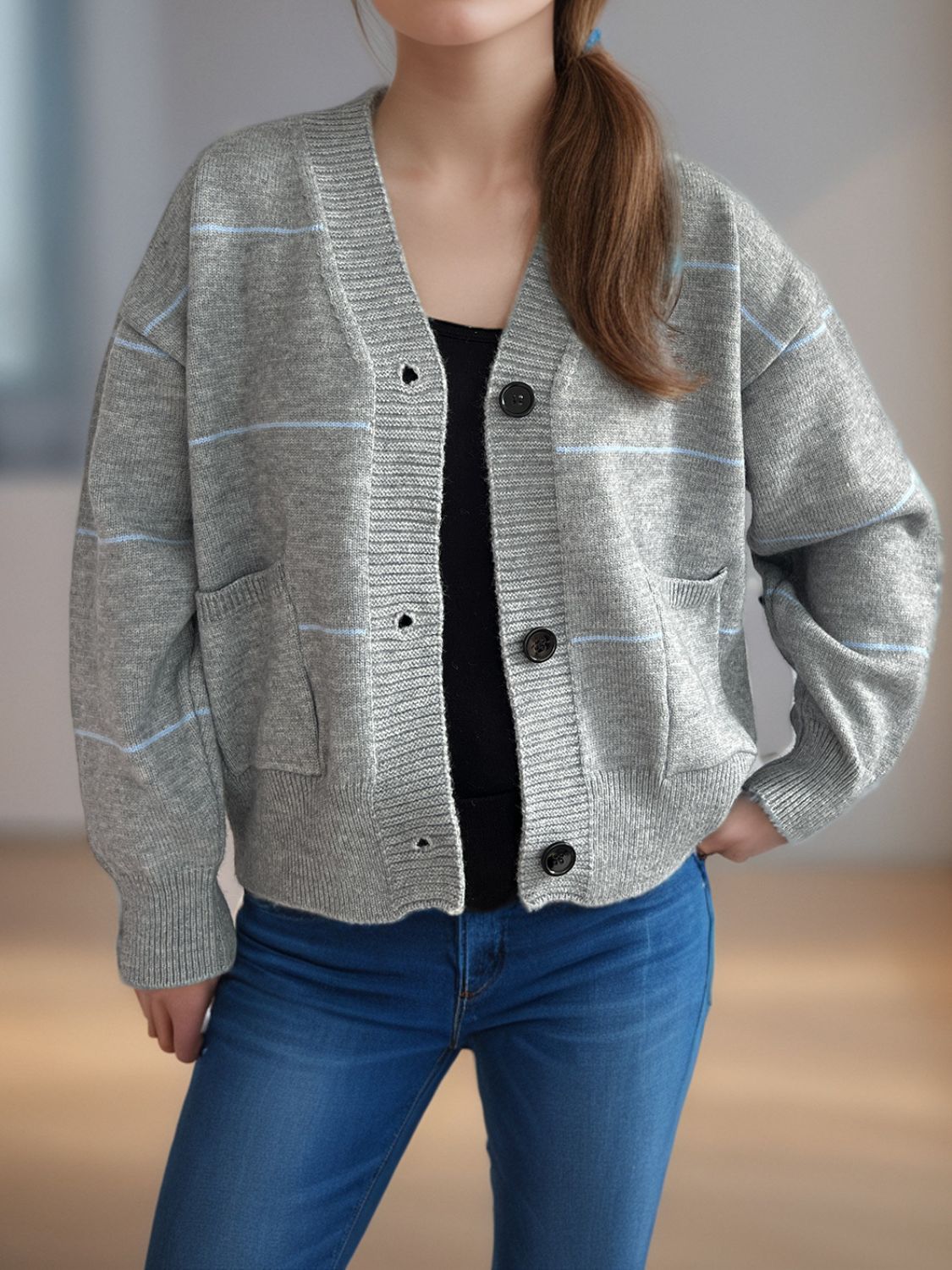 Aubrey - Chaqueta informal de manga larga con cuello en V y botones a rayas