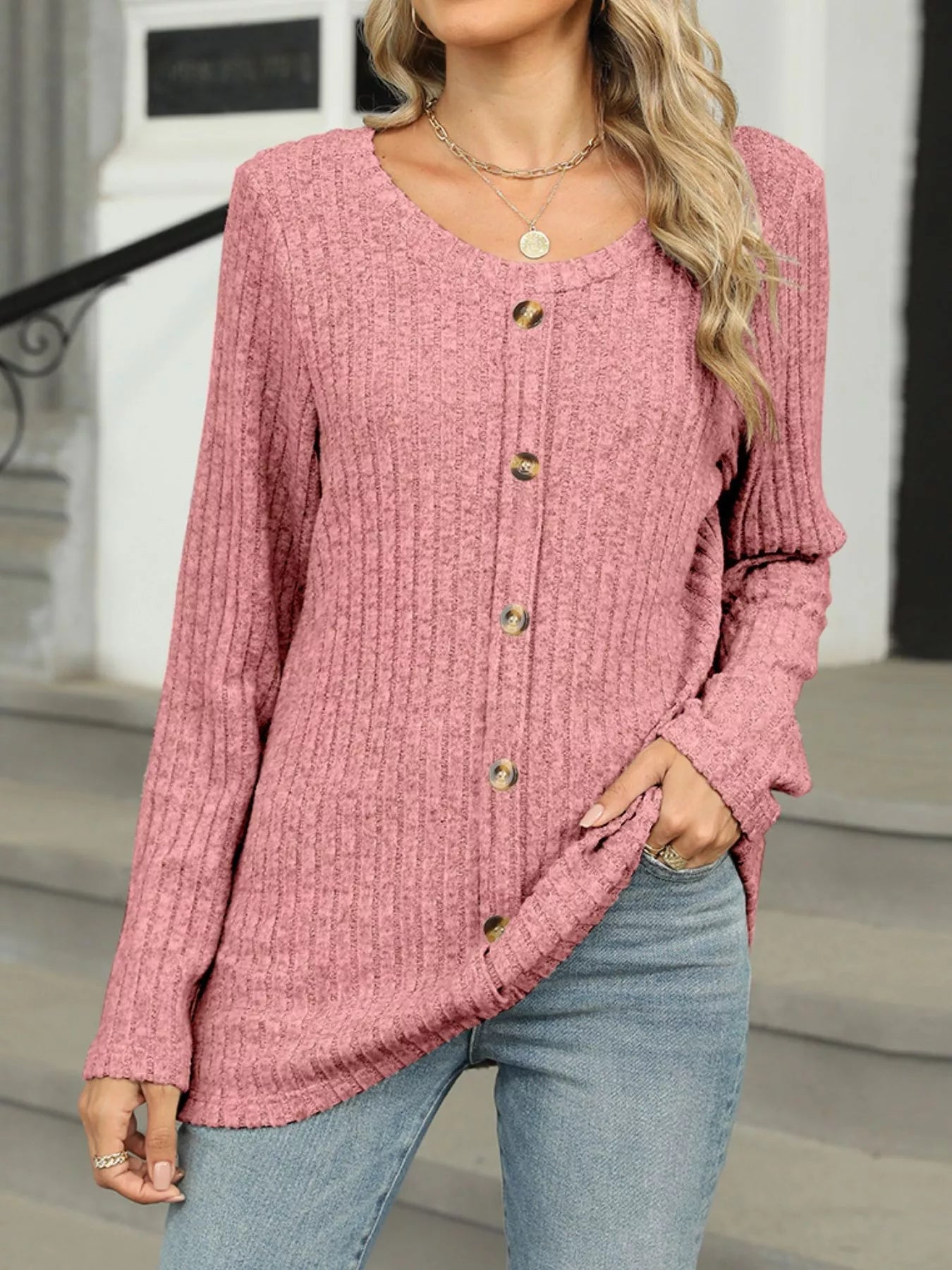 Belana - Elegante sudadera de manga larga con botones y cuello redondo de punto acanalado