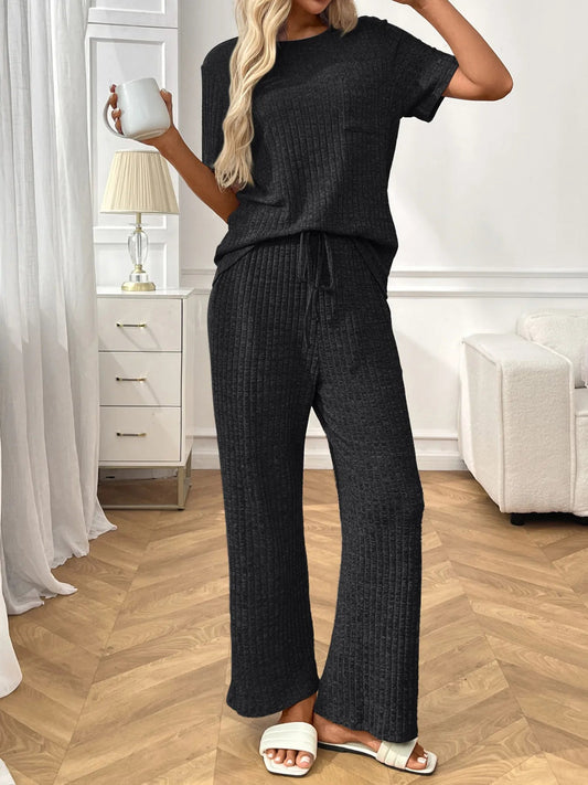 Helene - Elegante conjunto de pantalón y top de manga corta de punto acanalado