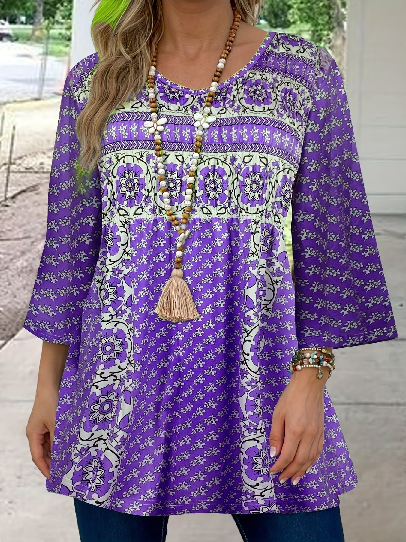 Patrisha - Elegante blusa suelta de media manga con estampado boho