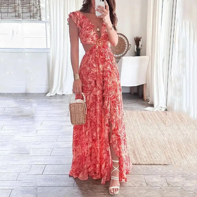 Aira - Vestido largo de verano con escote en V profundo y abertura floral