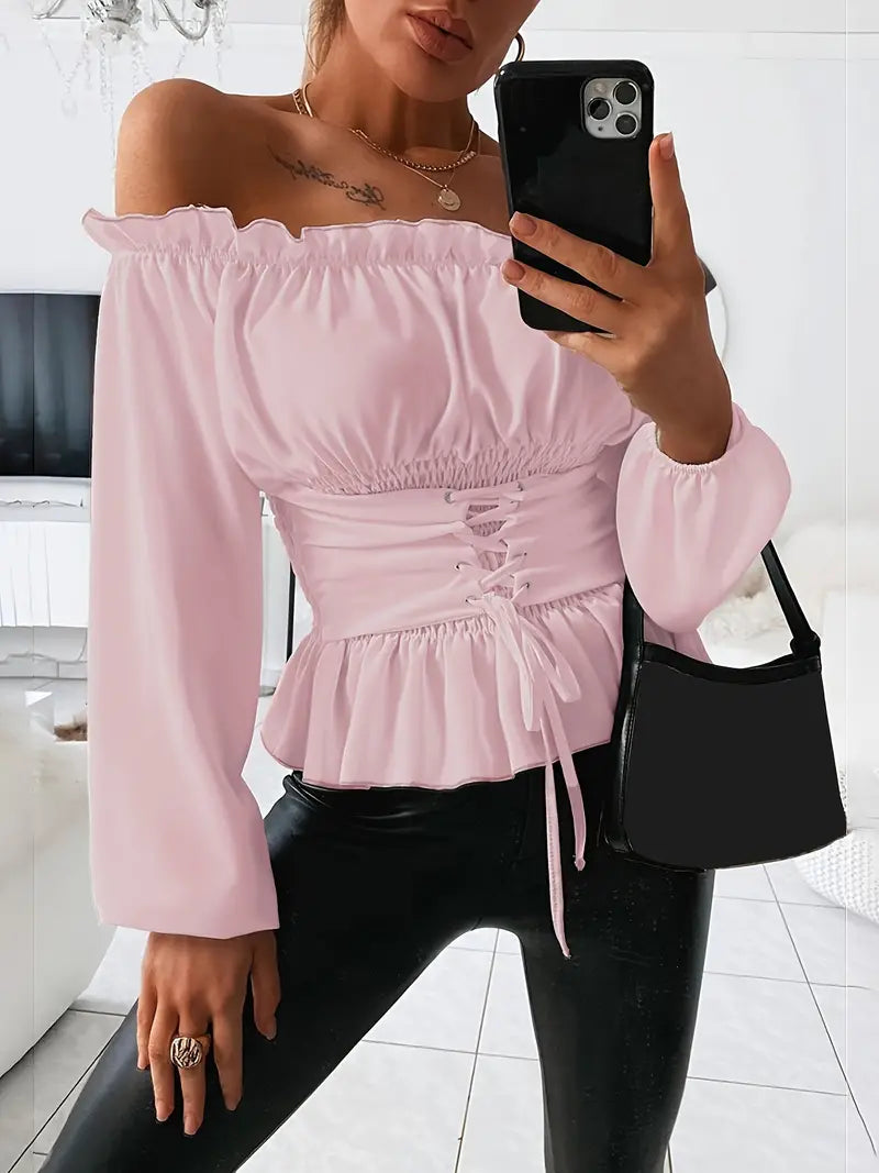 Imelda - Elegante blusa de manga larga con volantes y hombros descubiertos