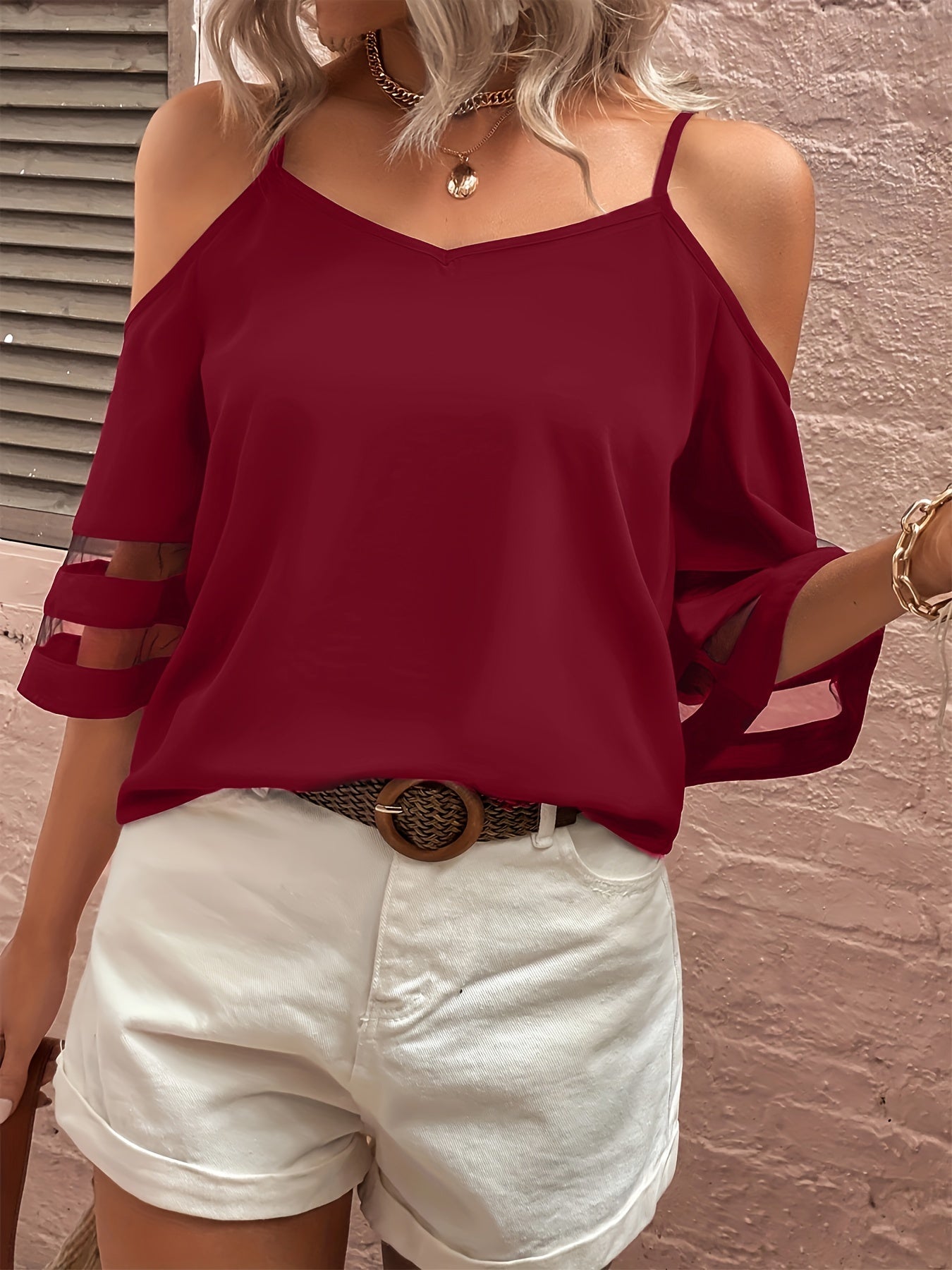 Emmaline - Blusa informal de media manga y hombros descubiertos