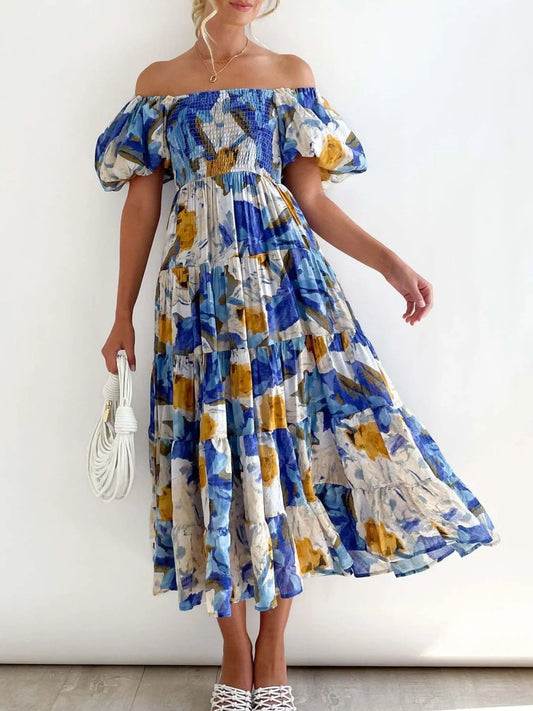 Evienne - Elegante vestido con mangas abullonadas y estampado floral